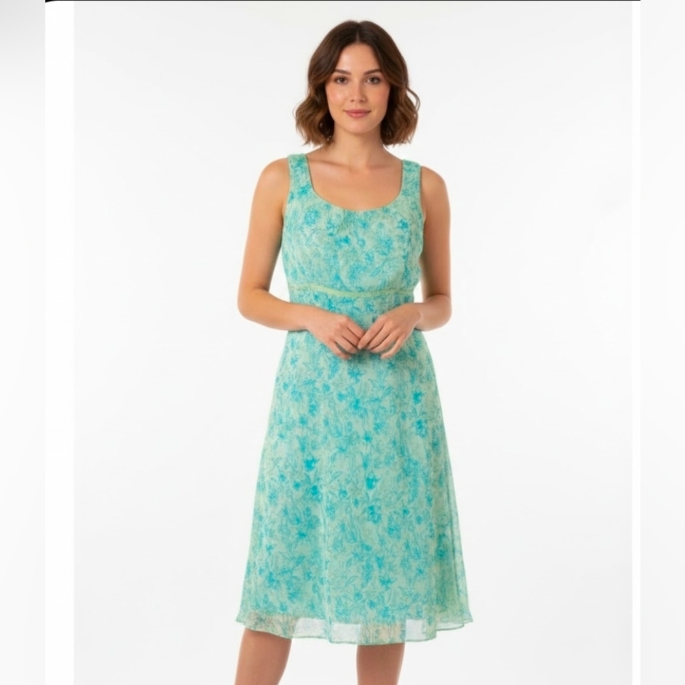 LA RUE 39 Floral Blue and Green Midi Dress Size 12P‎ Y2K Fairycore 100% Silk